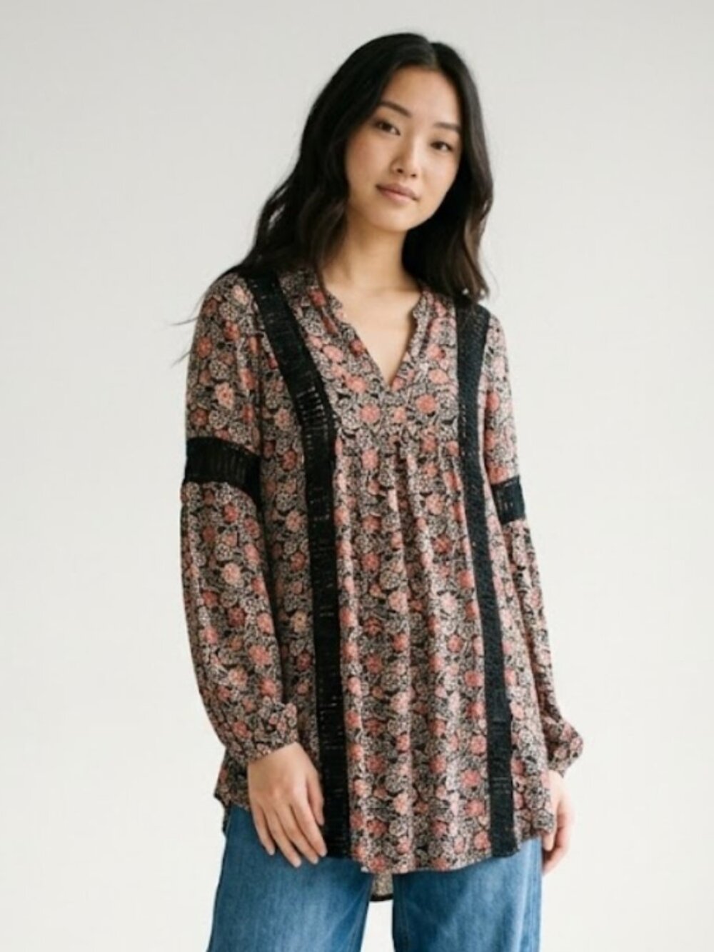Knox Rose Blouse Black Red Floral Boho Tunic Crochet Festival M